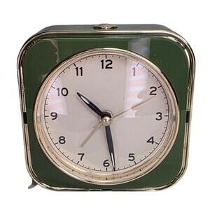 Vintage Style Green Analog Alarm Clock Square Plastic Retro Bedside Desk